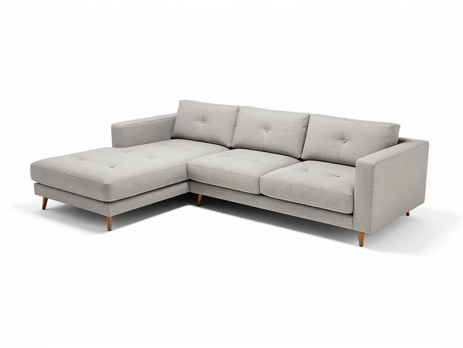**Techniczny tytuł w języku polskim: Sofa narożna z szarego materiału z drewnianymi nóżkami**