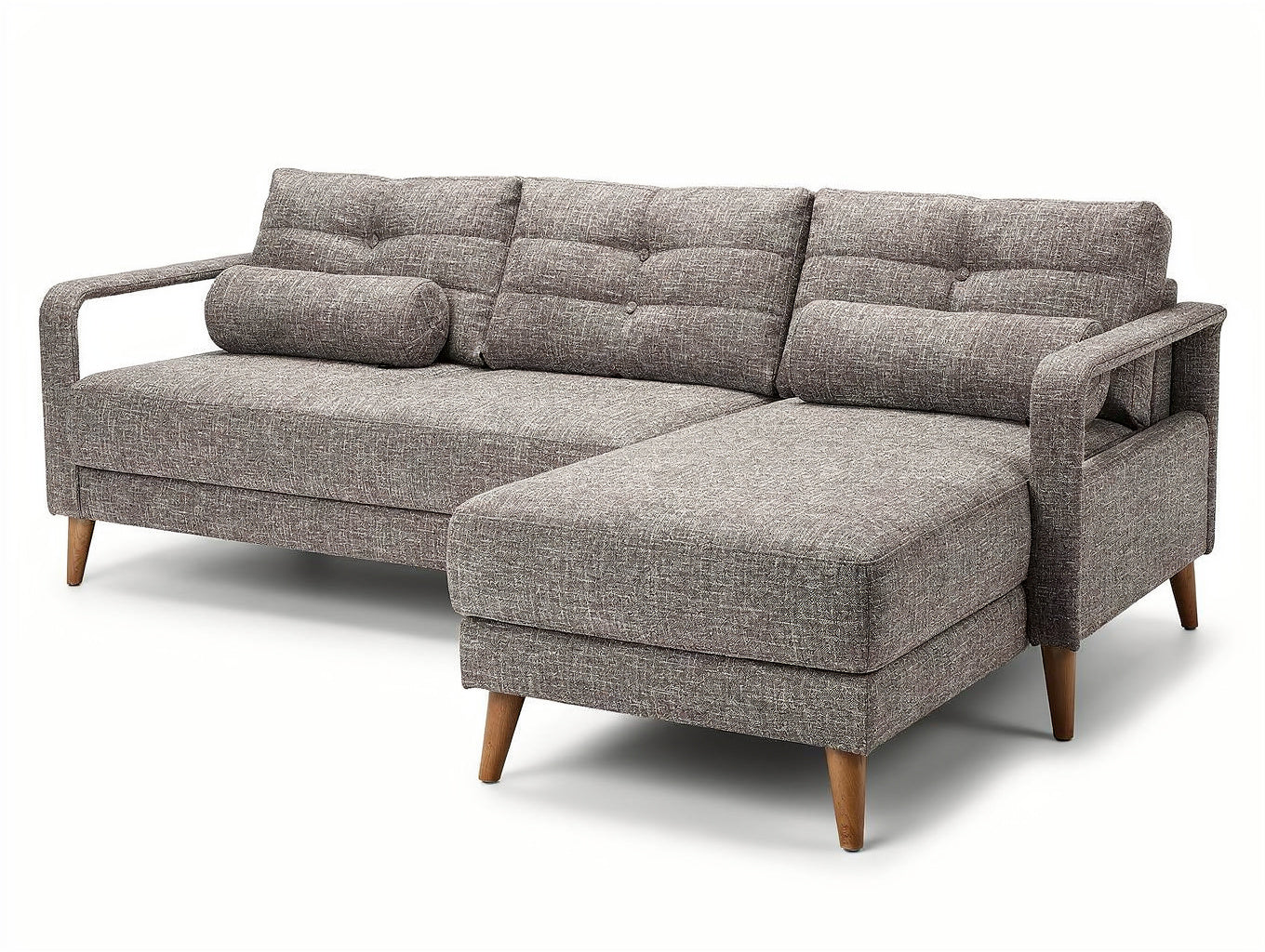 **Tytuł techniczny po polsku: Sofa narożna z szarego materiału, z poduszką i drewnianymi nogami**